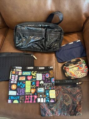LeSportsac Black Glossy Crossbody and‎ Multicolor Graphic Pouches Set